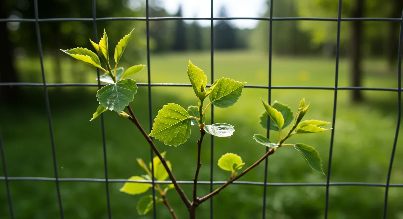 Healthy young aspen shoots growing inside protective fencing showing successful regeneration