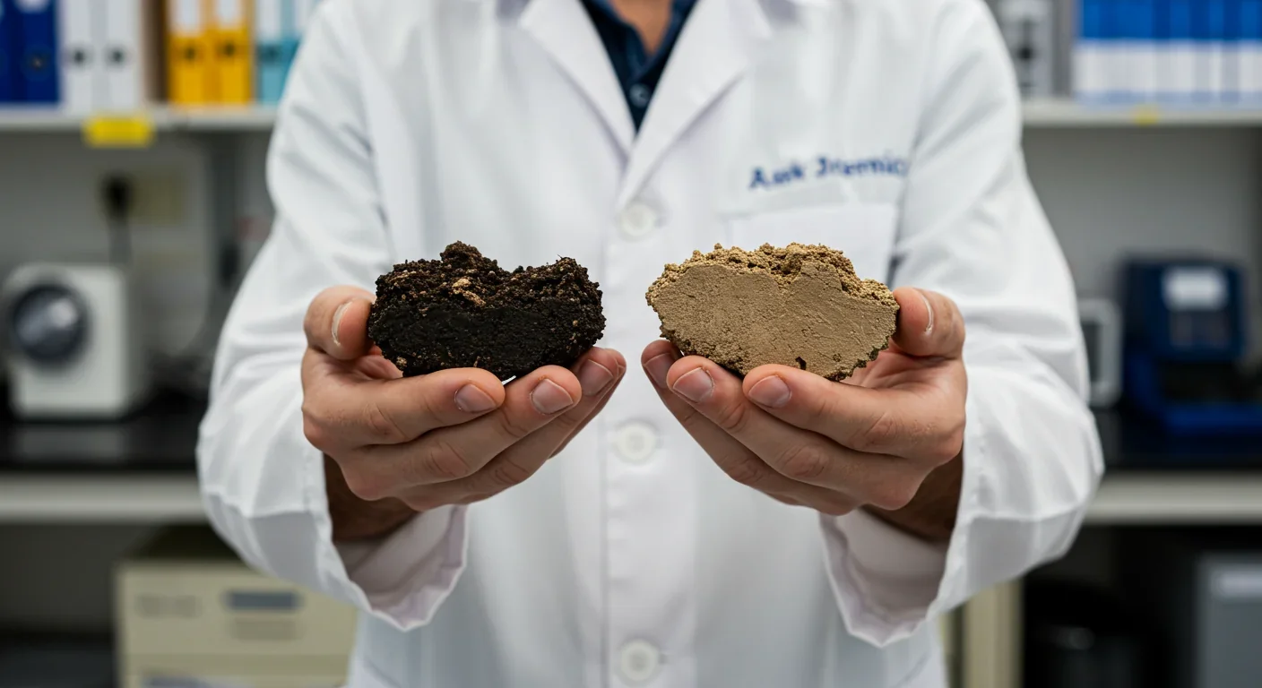Side-by-side soil core samples showing carbon-rich perennial grain soil versus depleted annual crop soil in agricultural research lab