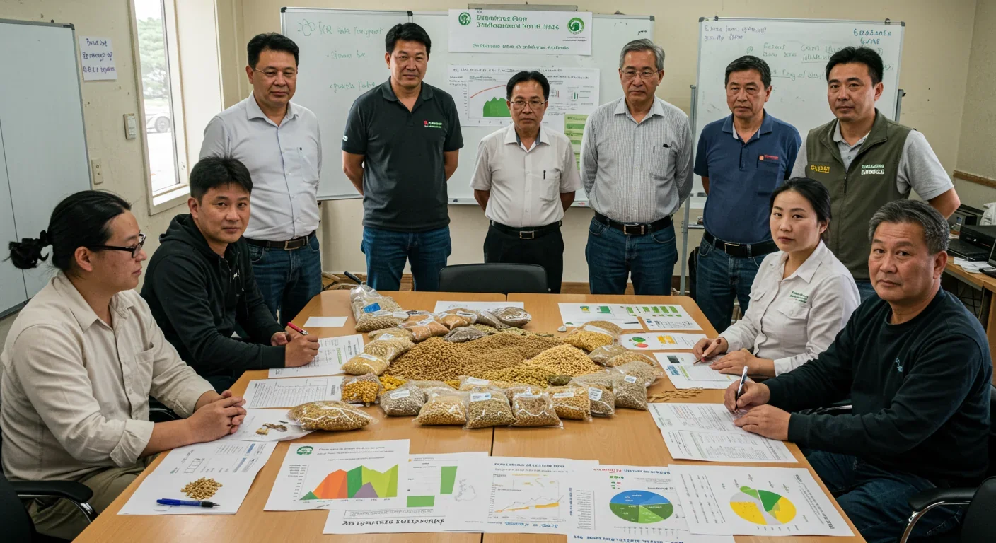 Farmers and researchers collaborating on perennial grain adoption strategies with yield data and grain samples at community agricultural meeting