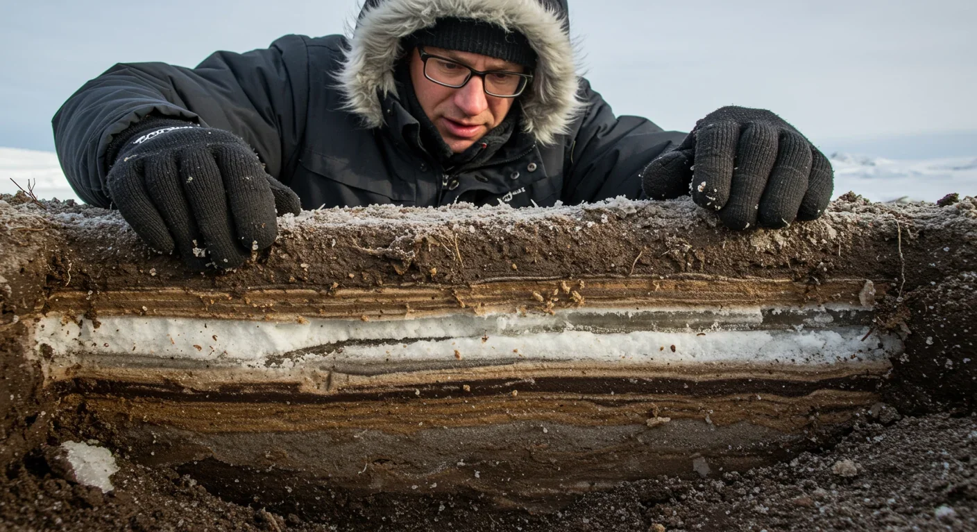 Cross-section of permafrost showing layers of frozen organic material and ice