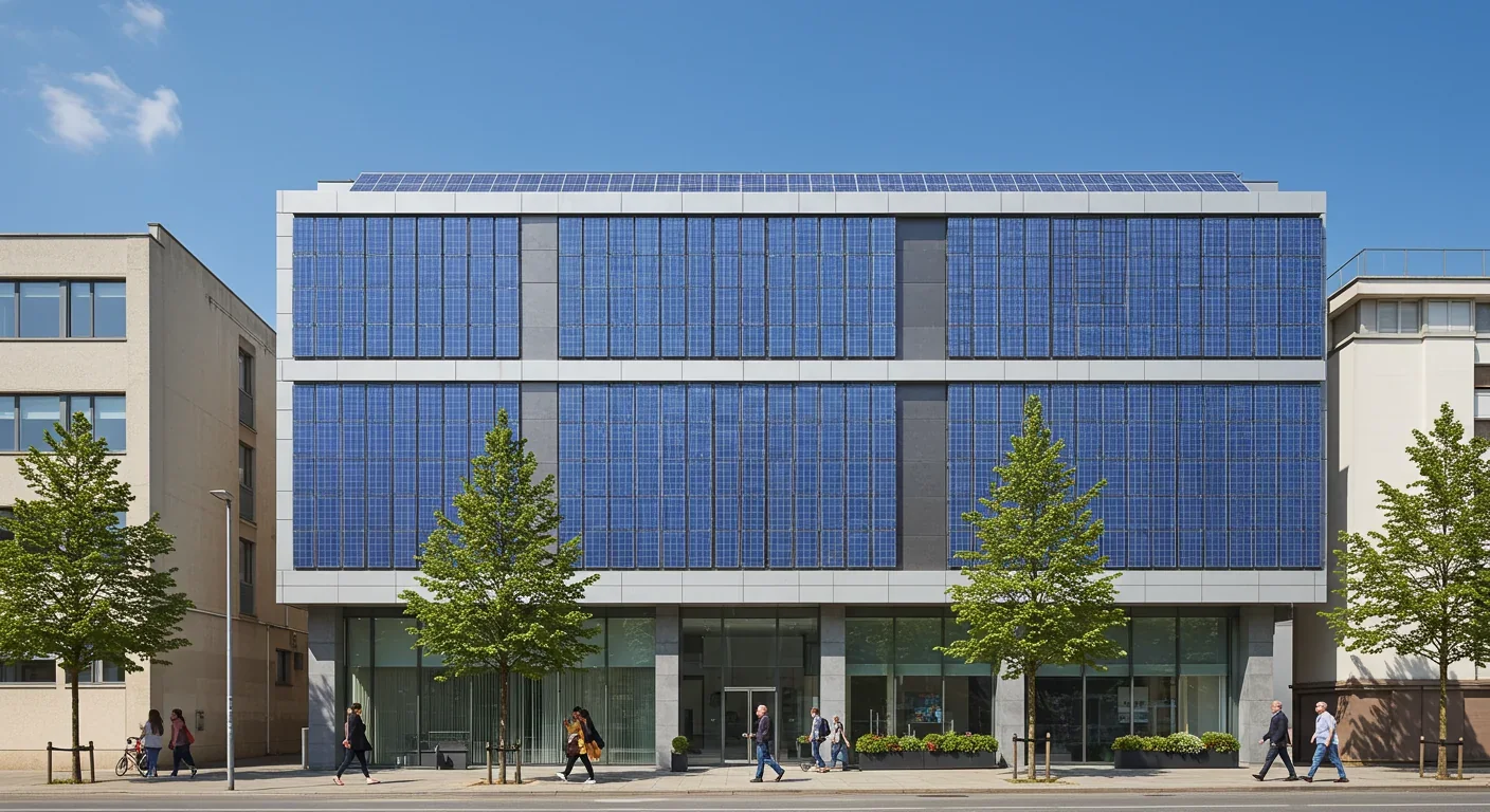 Office building with perovskite solar windows generating electricity from facade