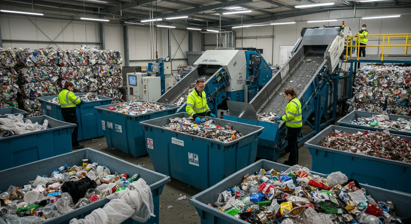 Workers processing recyclable materials in modern facility, demonstrating circular economy infrastructure and green employment