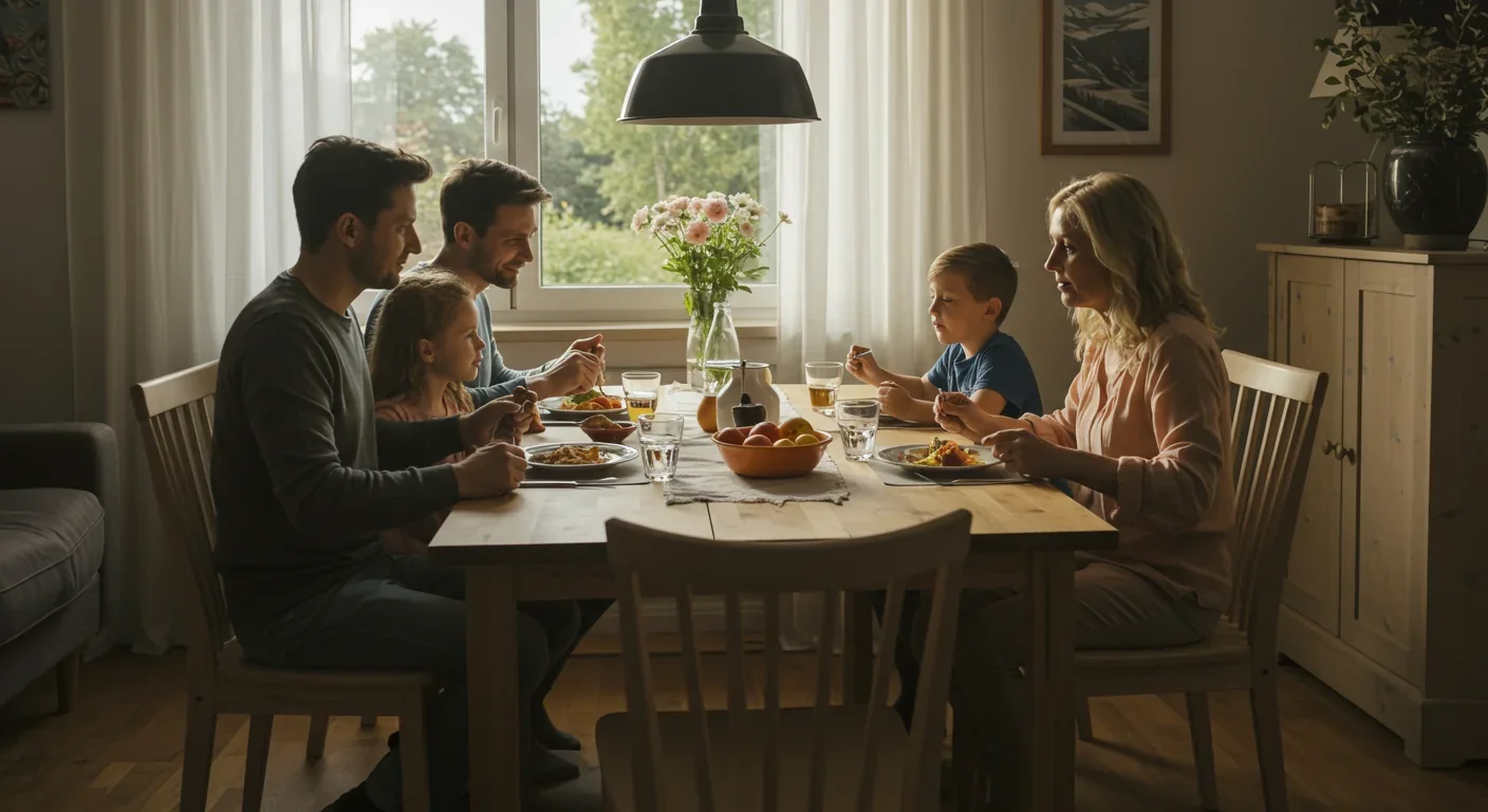 Family enjoying quality time together in modest home, illustrating wellbeing and happiness independent of material consumption