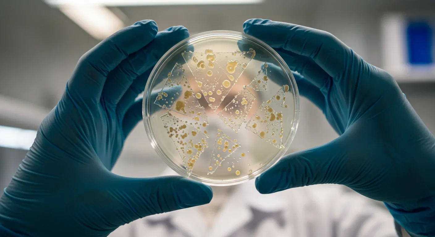 Bacterial colonies digesting PET plastic fragments in laboratory petri dish