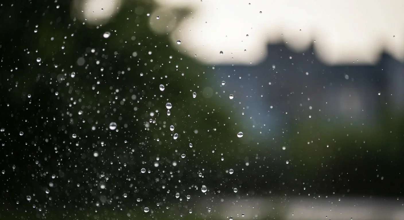 Raindrops falling through the atmosphere, representing atmospheric microplastic contamination