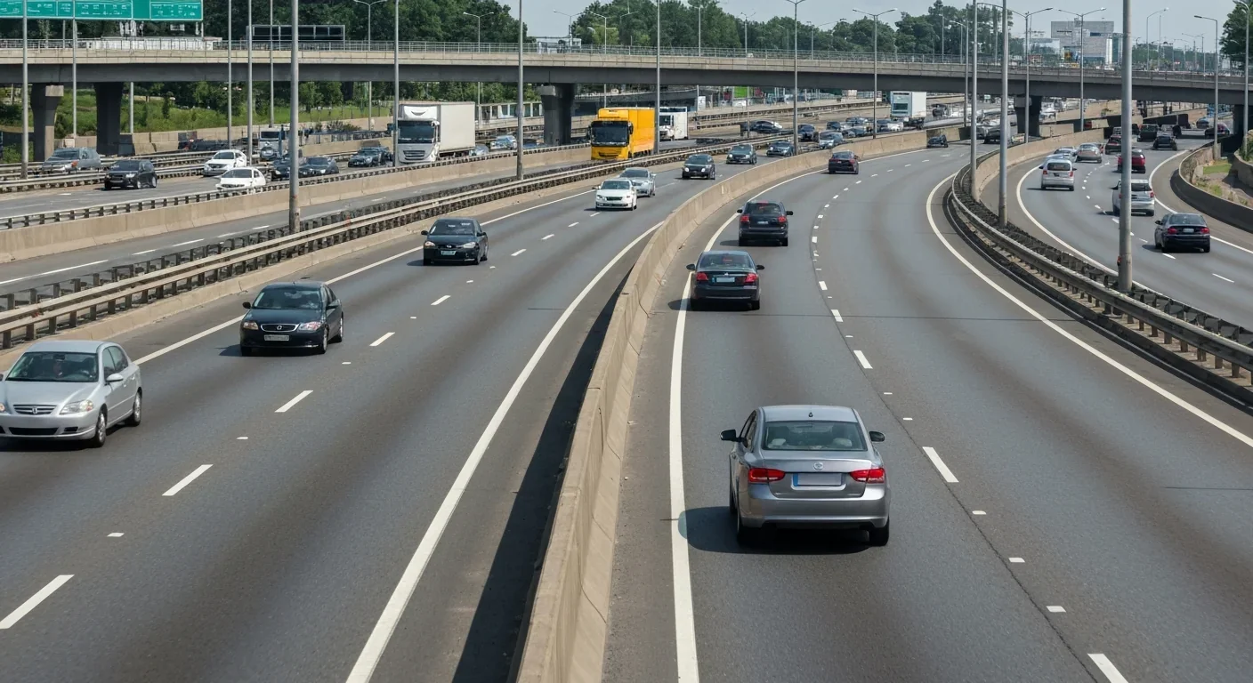 Highway traffic showing tire contact with road surface, a major source of airborne microplastics