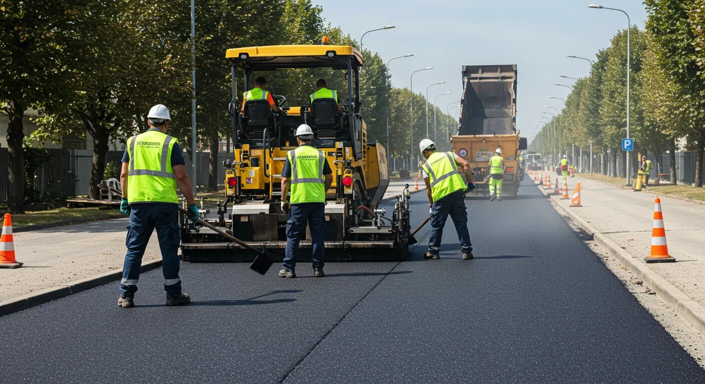 Road construction crew laying fresh asphalt pavement