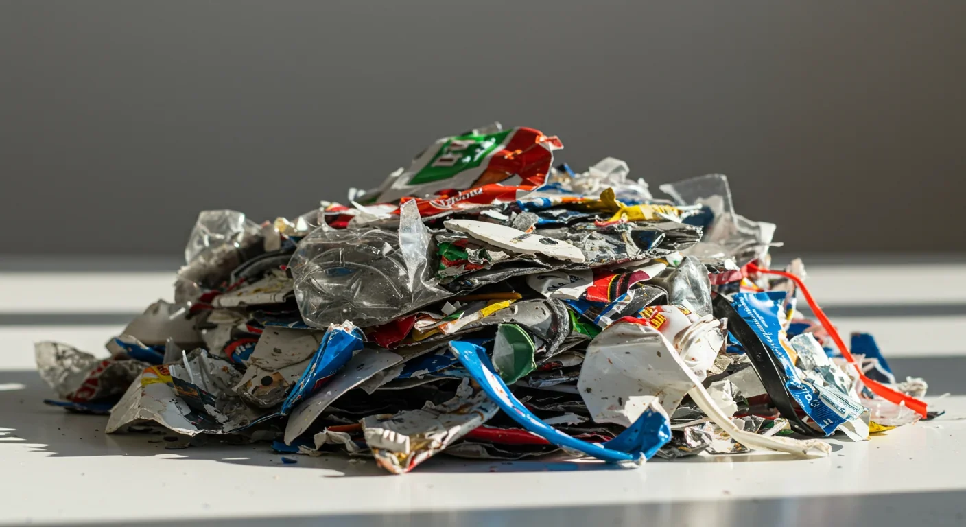 Shredded plastic waste ready for processing into road materials