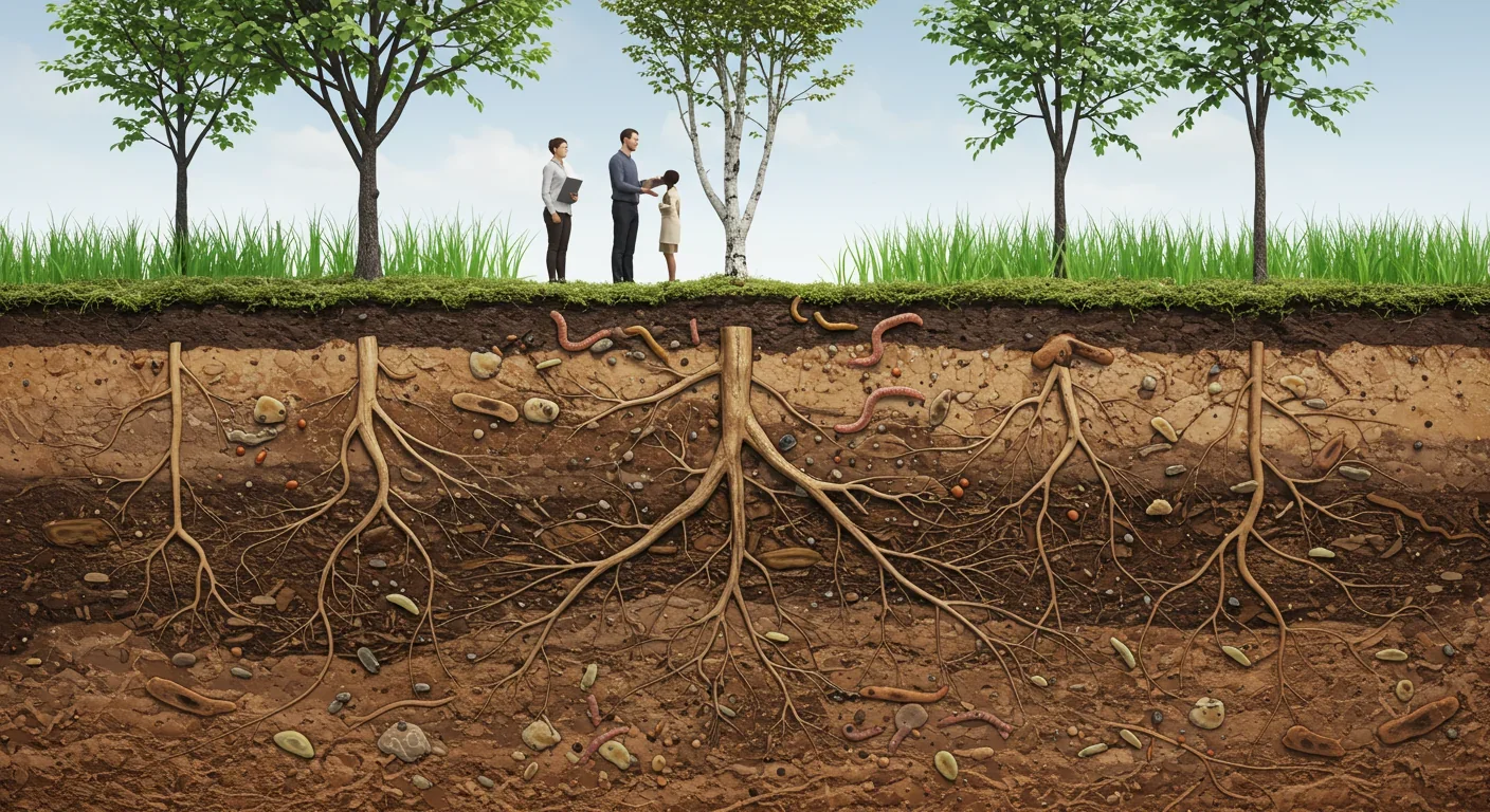 Cross-section showing deep perennial crop roots extending far underground compared to shallow annual roots