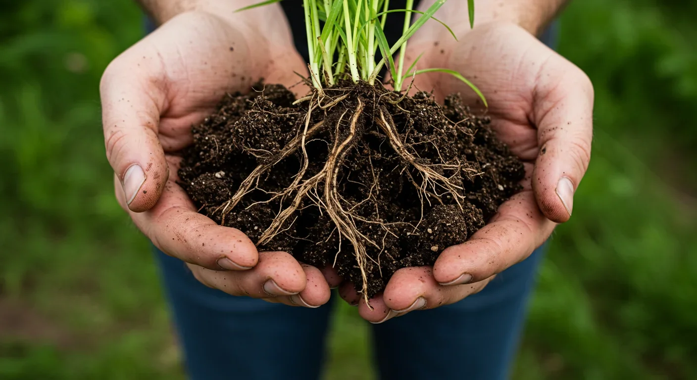 Deep prairie plant root systems in dark soil demonstrating carbon storage capacity