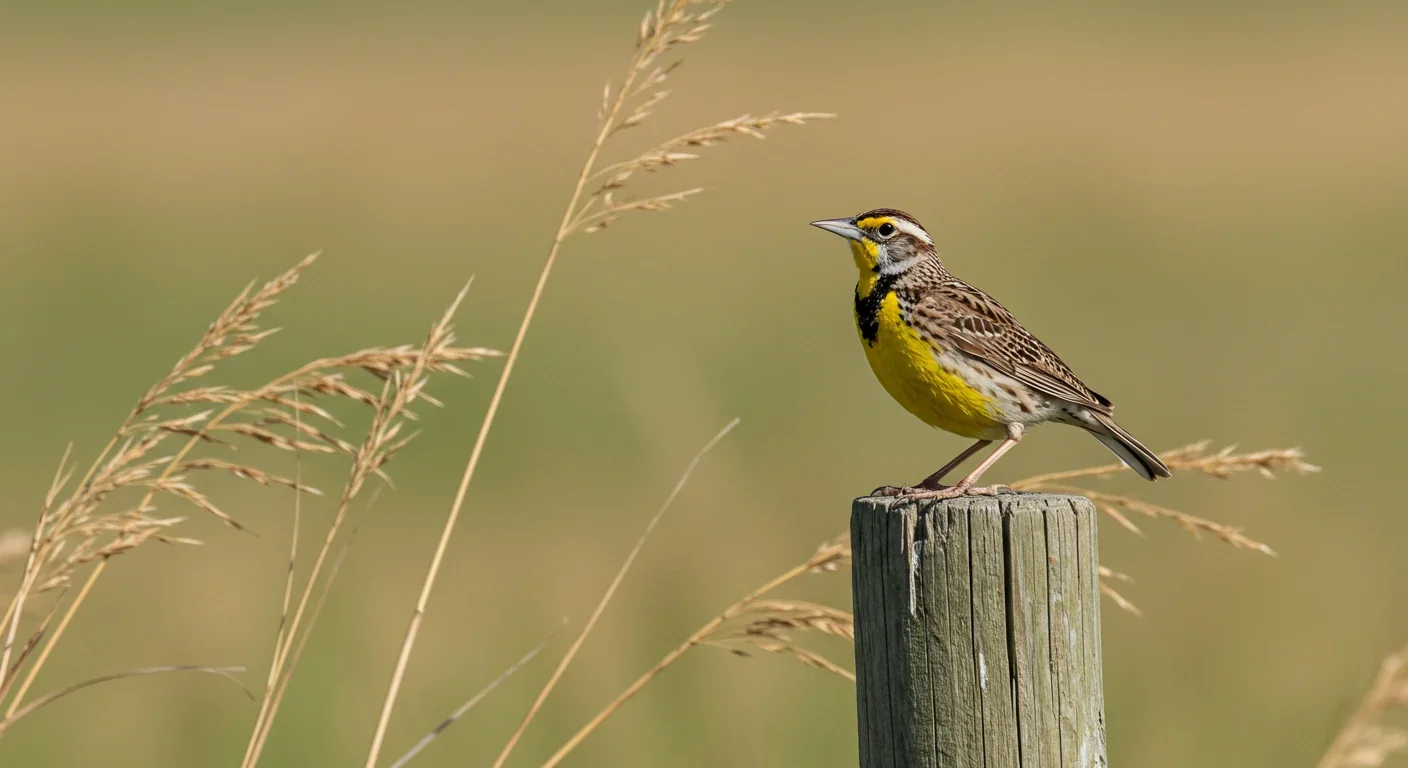 Western meadowlark on fence post in restored prairie habitat