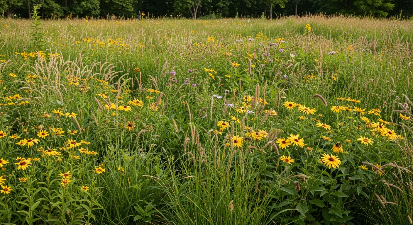 Diverse mix of native prairie grasses and wildflowers in a restoration planting