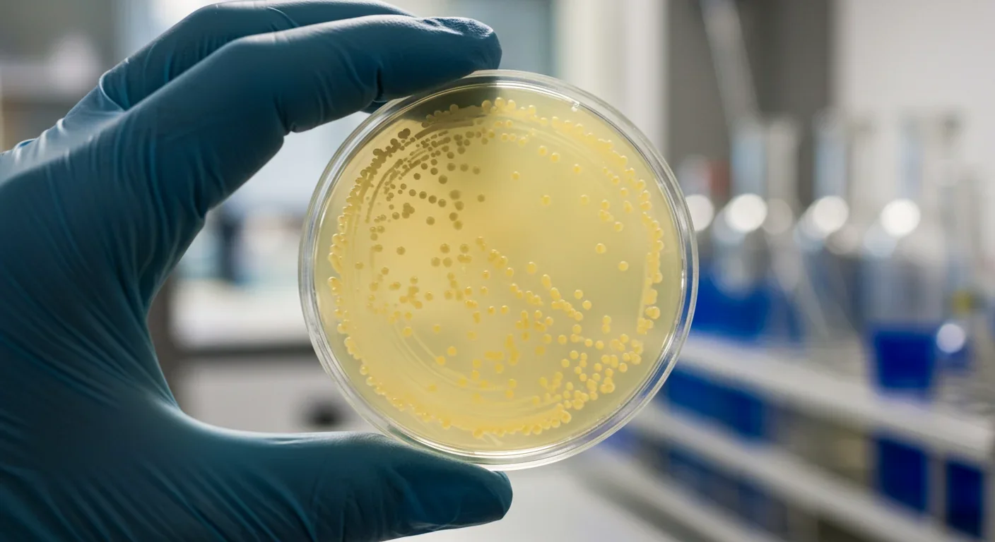 Close-up of yeast culture in laboratory petri dish used for dairy protein production