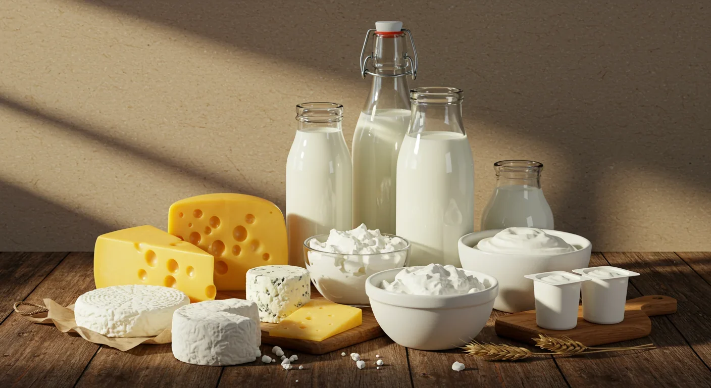Traditional dairy products including cheese, milk, and yogurt displayed on wooden table