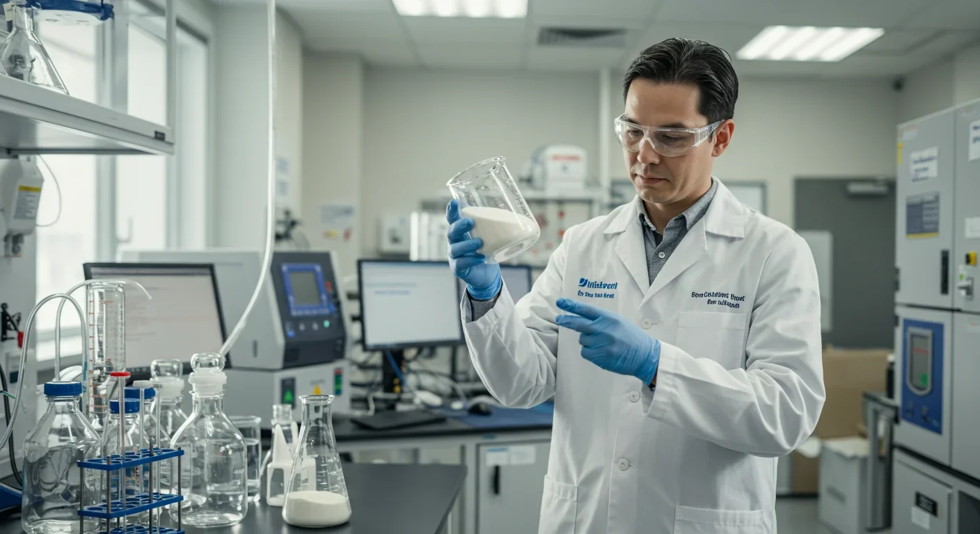 Food scientist examining purified dairy protein powder in laboratory setting