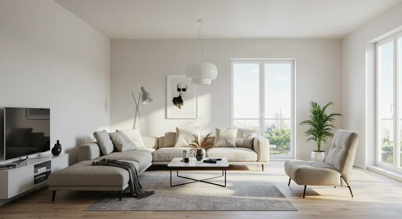 Modern minimalist apartment showcasing product-as-service lifestyle with minimal clutter and organized spaces