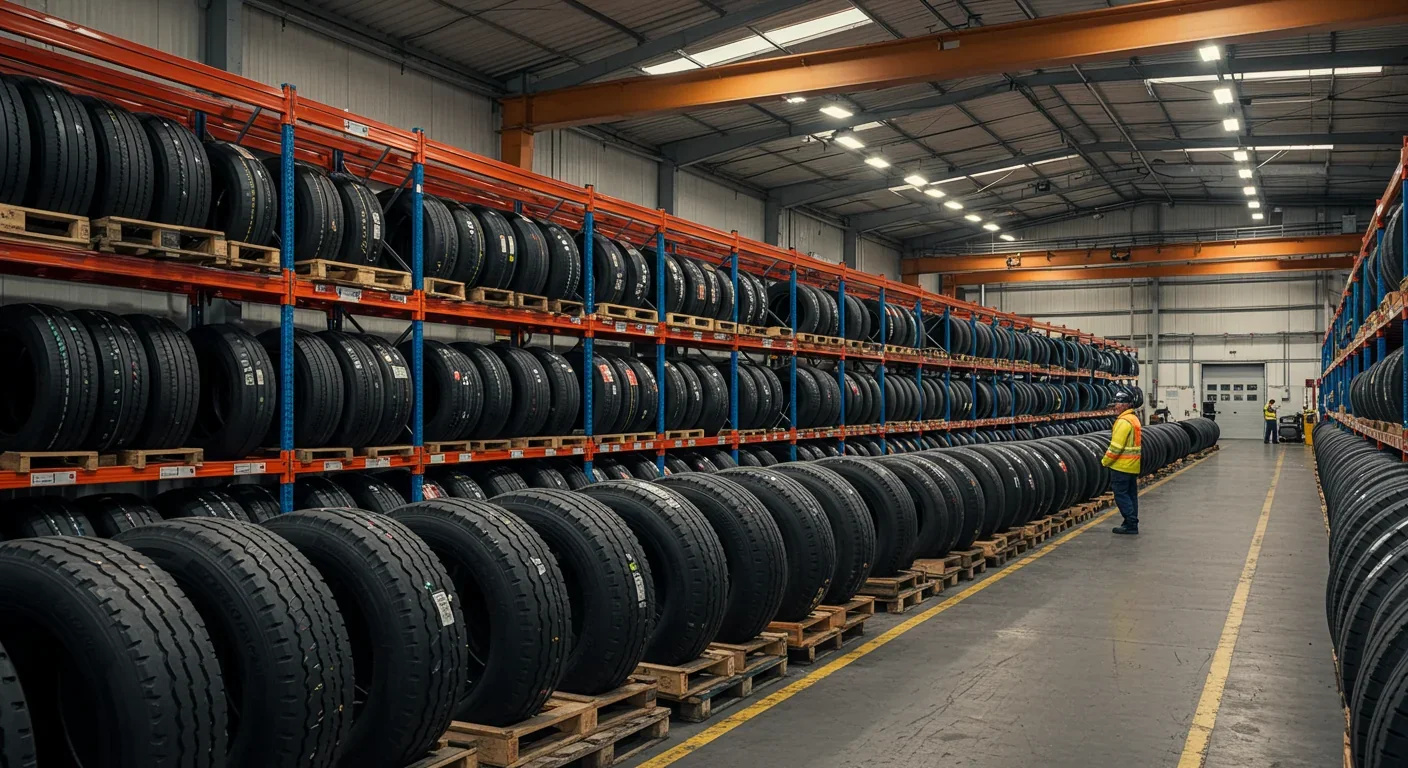 Industrial tire warehouse showing Michelin's tire-as-service inventory management and lifecycle approach