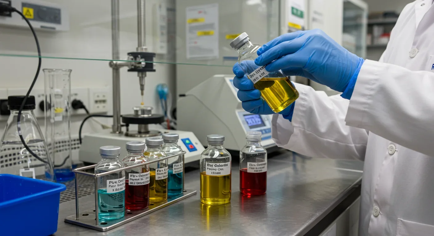 Laboratory technician analyzing different pyrolysis oil samples derived from various plastic waste feedstocks in research facility