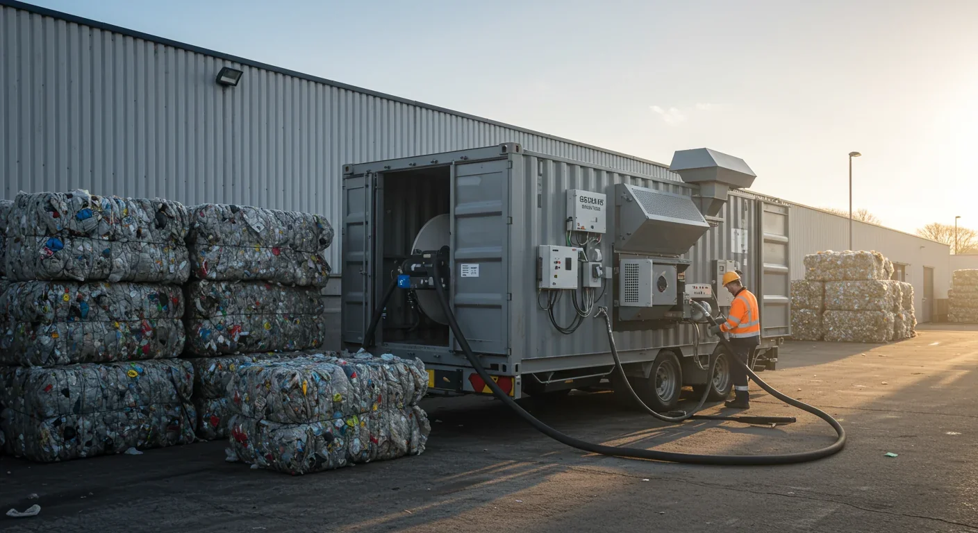 Compact mobile pyrolysis system in shipping container processing plastic waste on-site at municipal waste facility