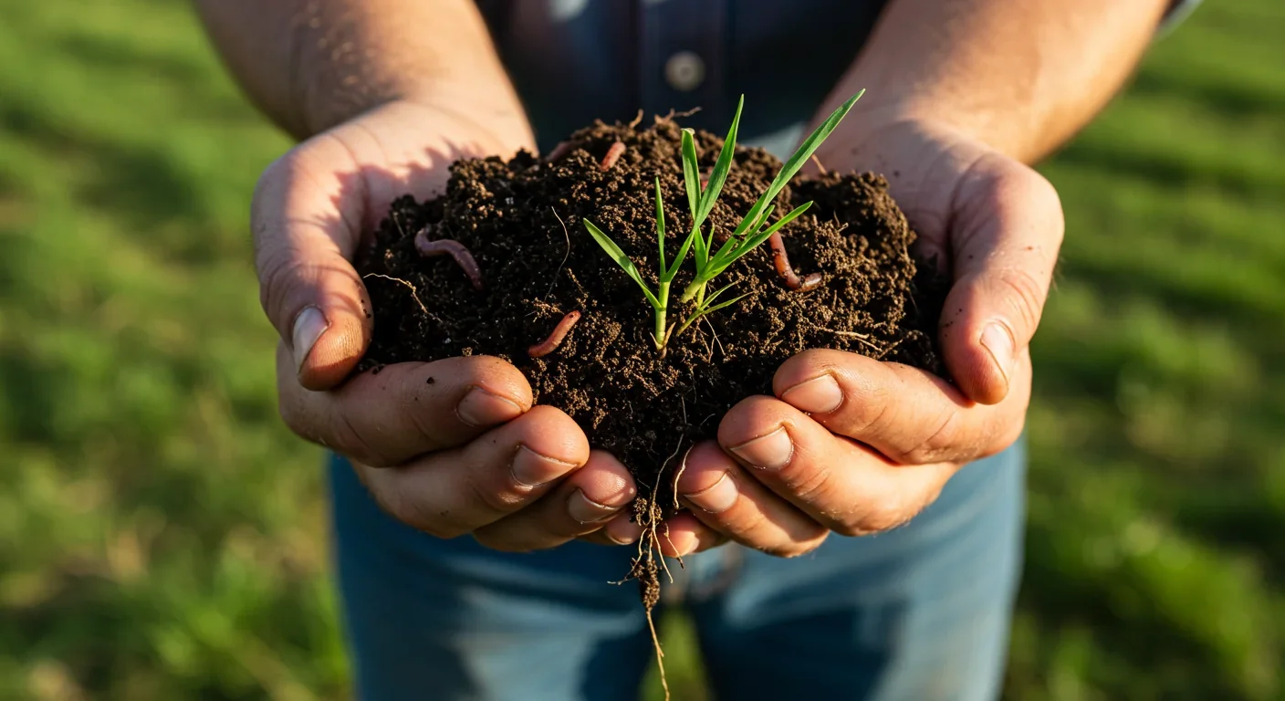 Rich dark soil with earthworms showing improved soil health from regenerative grazing practices