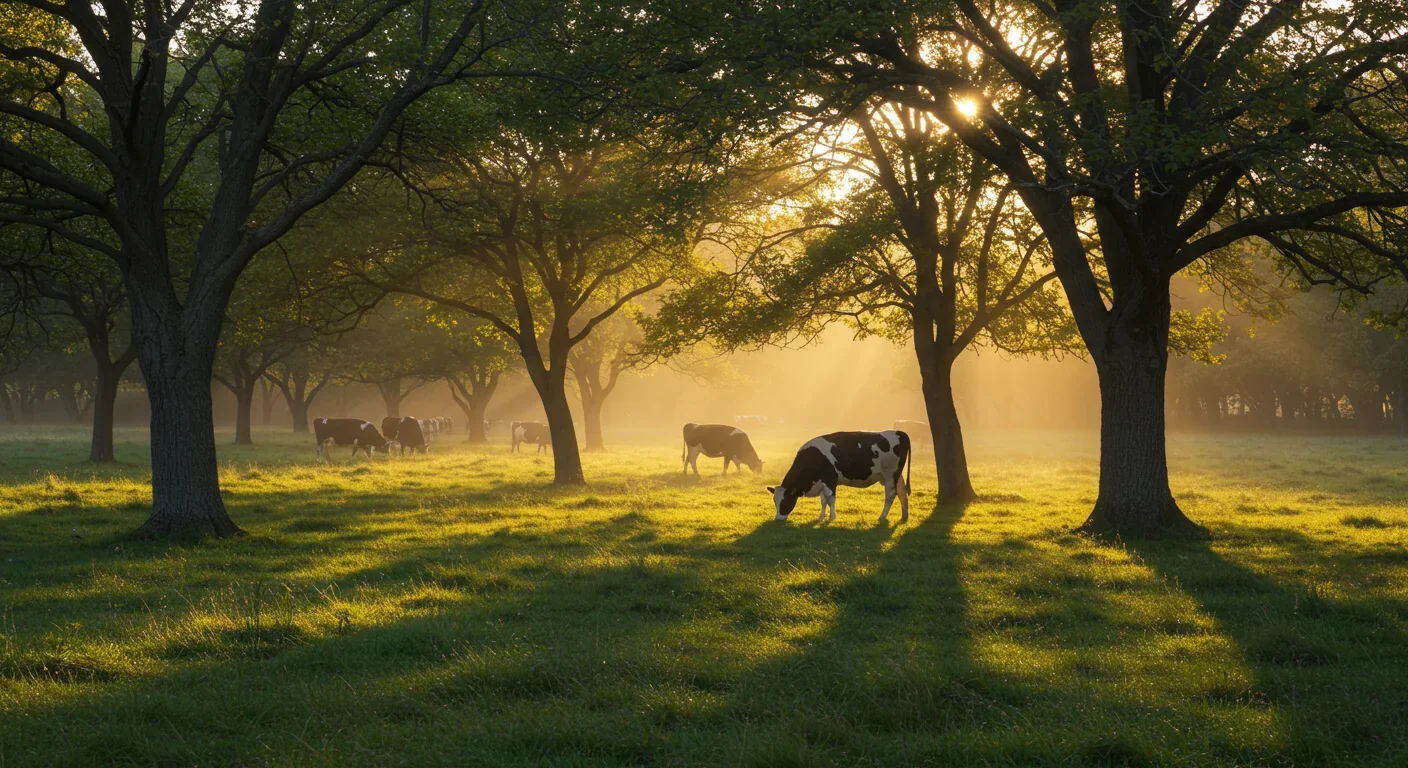 Cattle grazing under trees in a silvopasture system that sequesters extra carbon