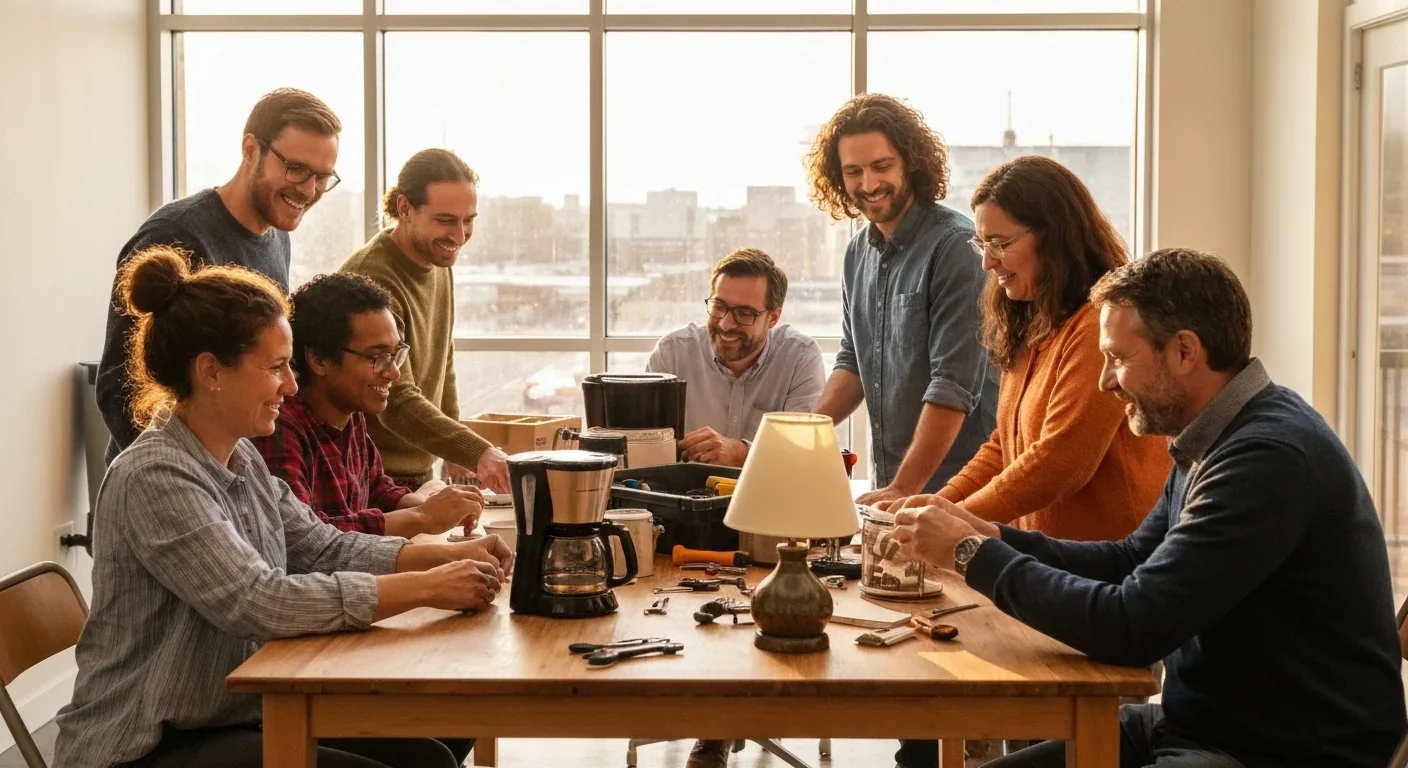 Community members working together at a repair cafe to fix household appliances