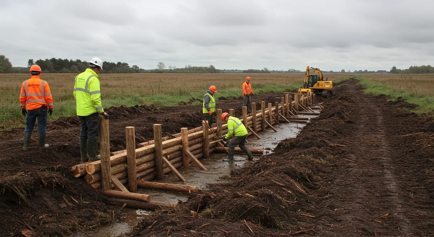 Restoration workers building timber dam to block drainage ditch in rewetted peatland