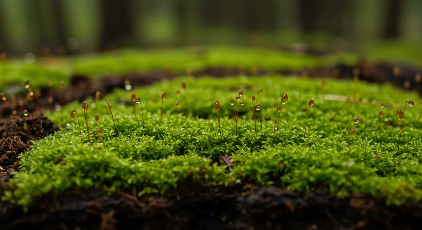Vibrant green Sphagnum moss thriving on saturated peat soil with water droplets
