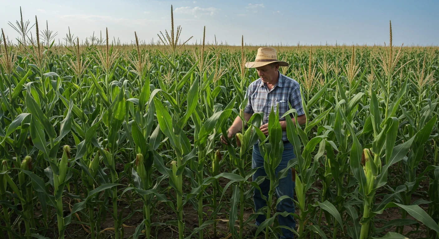 Farmer inspecting corn crops protected by advanced RNA interference technology
