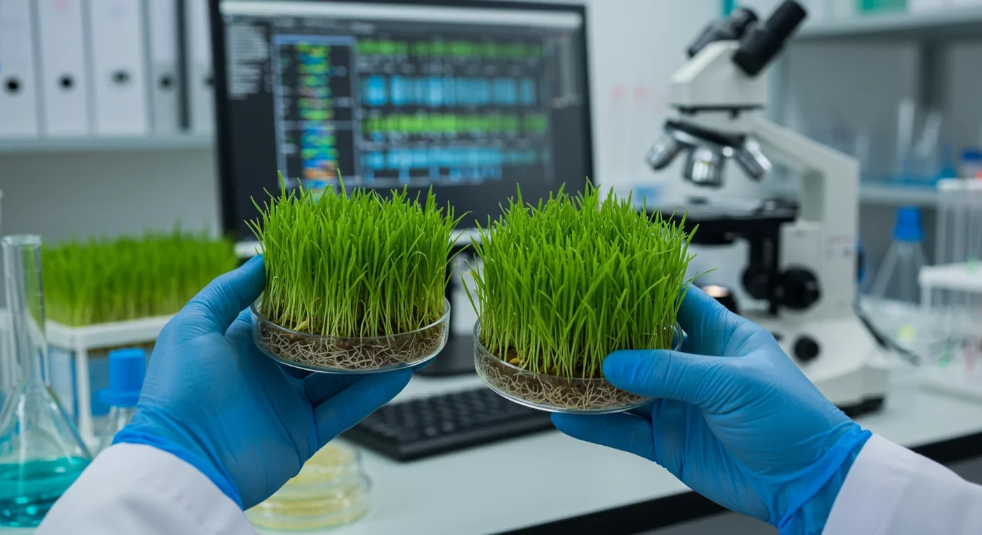 Scientist examining CRISPR-edited salt-tolerant rice seedlings in genetics laboratory