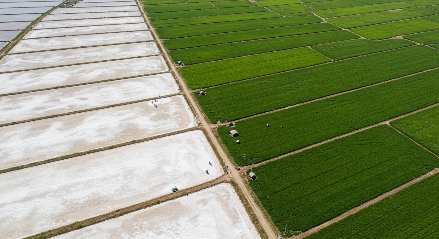 Aerial view contrasting green salt-tolerant crop fields with adjacent white salt-damaged barren land