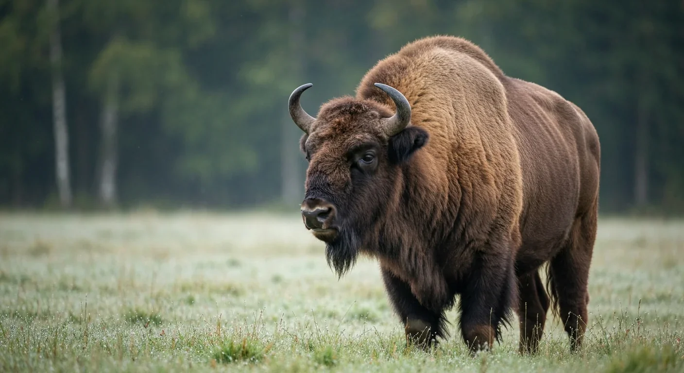 European bison standing in dewy grassland with a soft forest backdrop in morning light