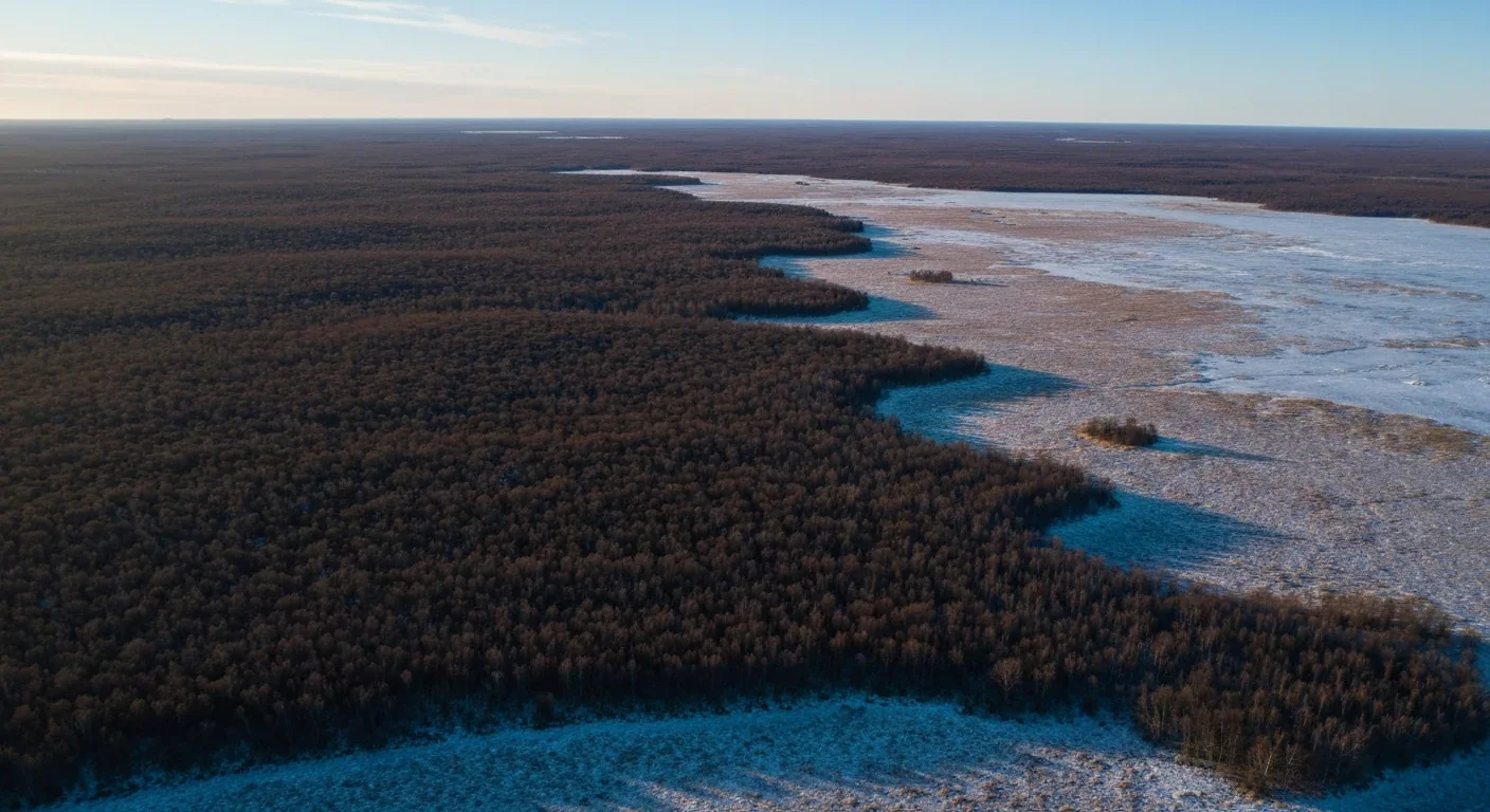 Aerial view of Siberian tundra showing contrast between shrubland and restored grassland areas