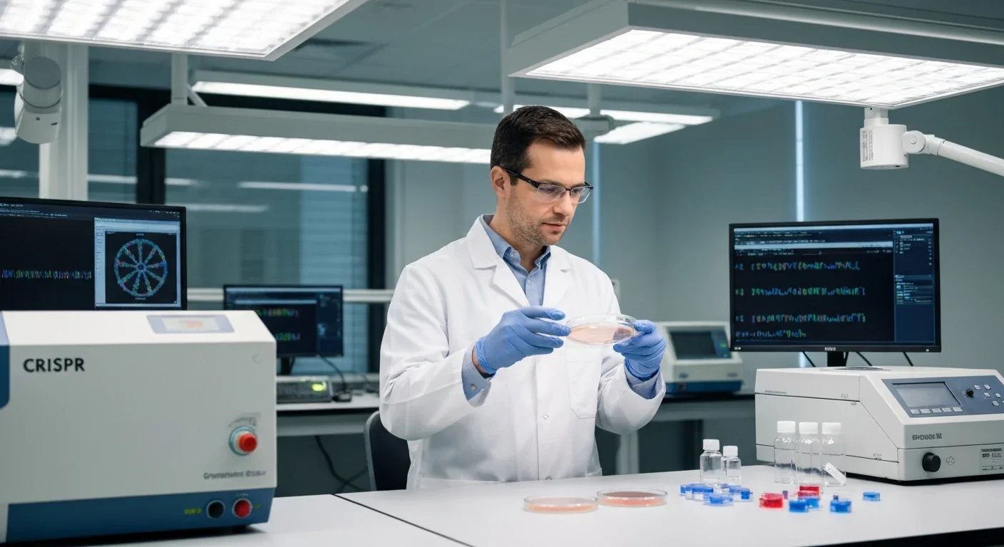 Scientist in a genetics laboratory examining samples with CRISPR equipment in the background