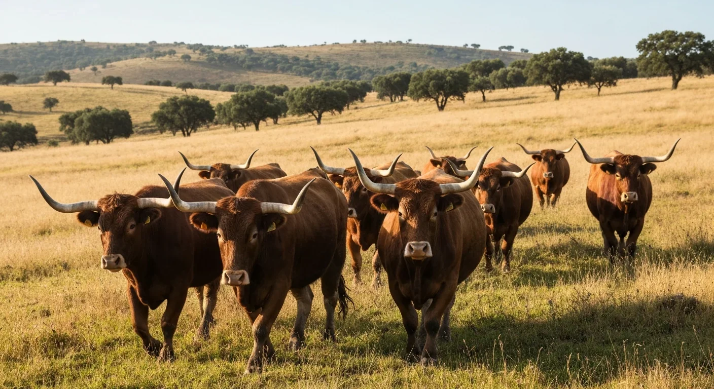 Tauros cattle with curved horns walking through a golden Portuguese grassland with oak trees