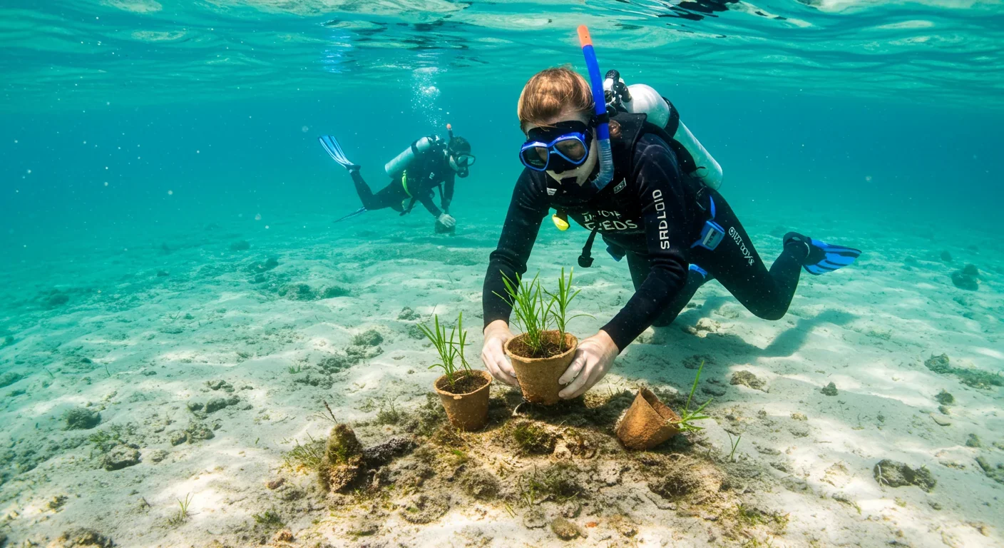 Diver planting seagrass seedlings in shallow coastal waters during a restoration project to rebuild carbon-storing underwater meadows