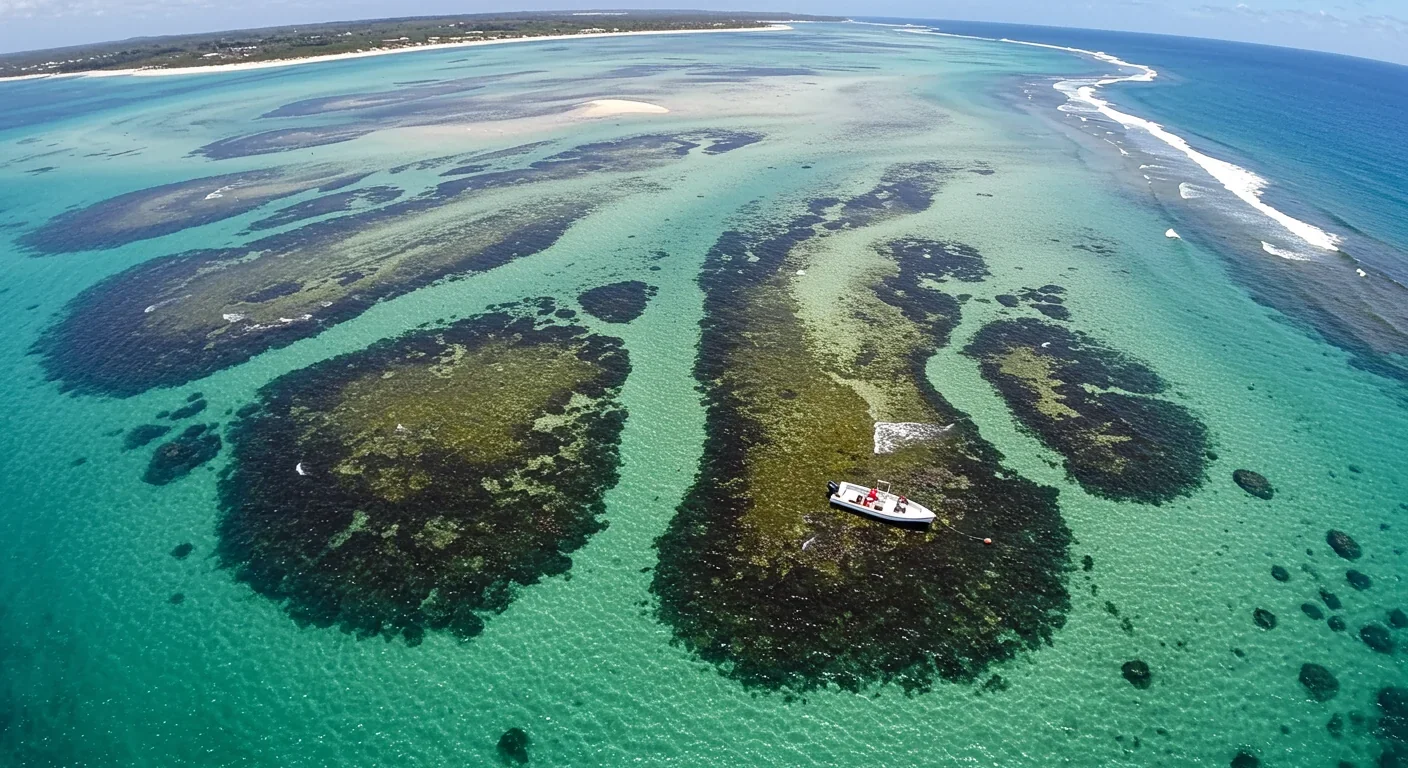 Aerial perspective of extensive seagrass meadow in clear shallow coastal waters, showing the scale of these critical carbon-storing ecosystems