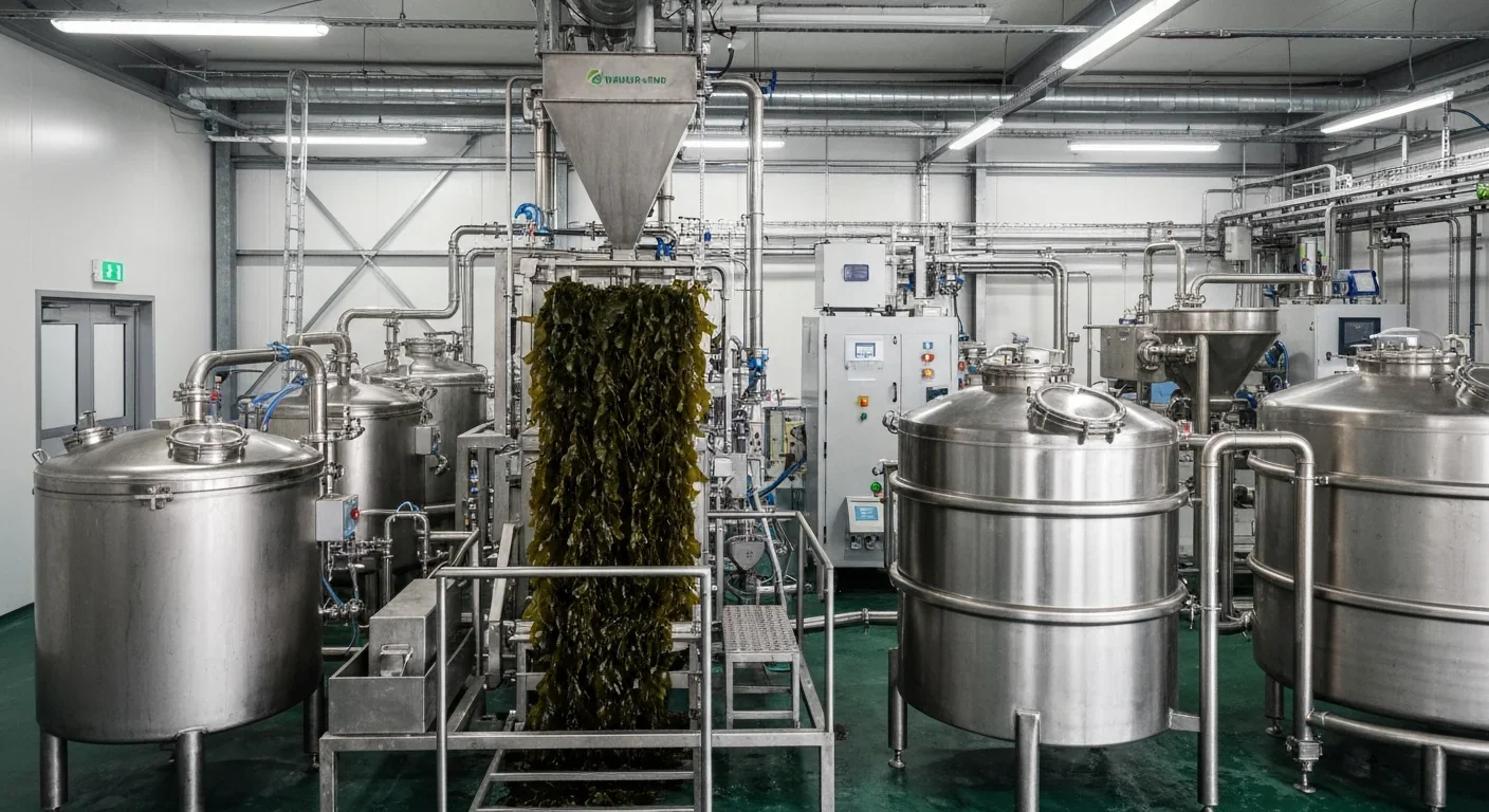 Industrial facility processing harvested seaweed to extract alginate polymers for bioplastic manufacturing