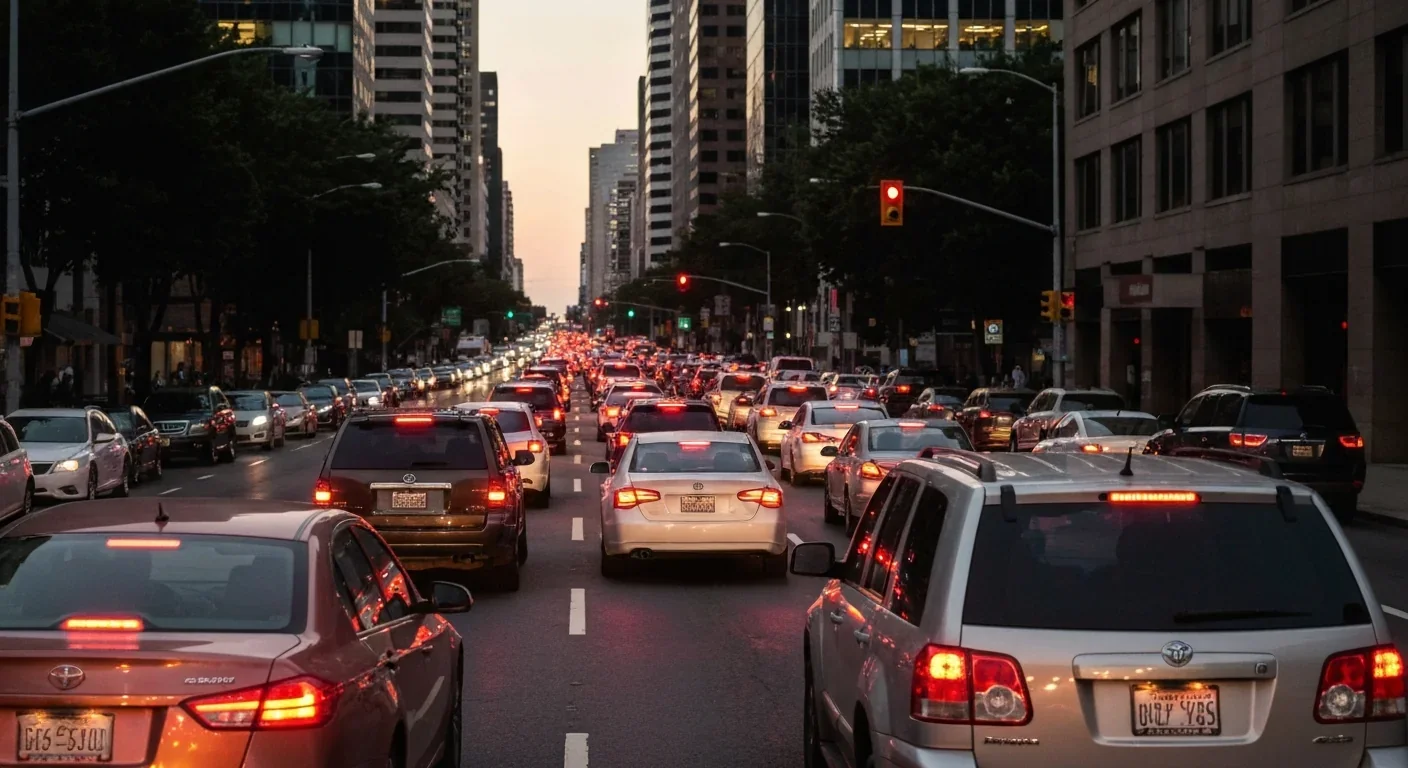Congested city street at dusk with bumper-to-bumper traffic and glowing red brake lights between tall buildings