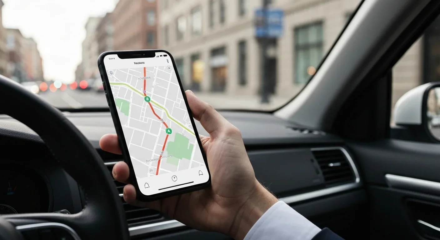 Close-up of a hand holding a smartphone with a navigation map inside a vehicle on a city street