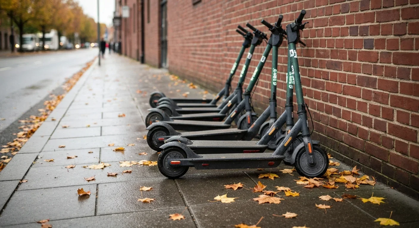 Several shared electric scooters lying abandoned on a wet sidewalk next to a brick wall with fallen leaves