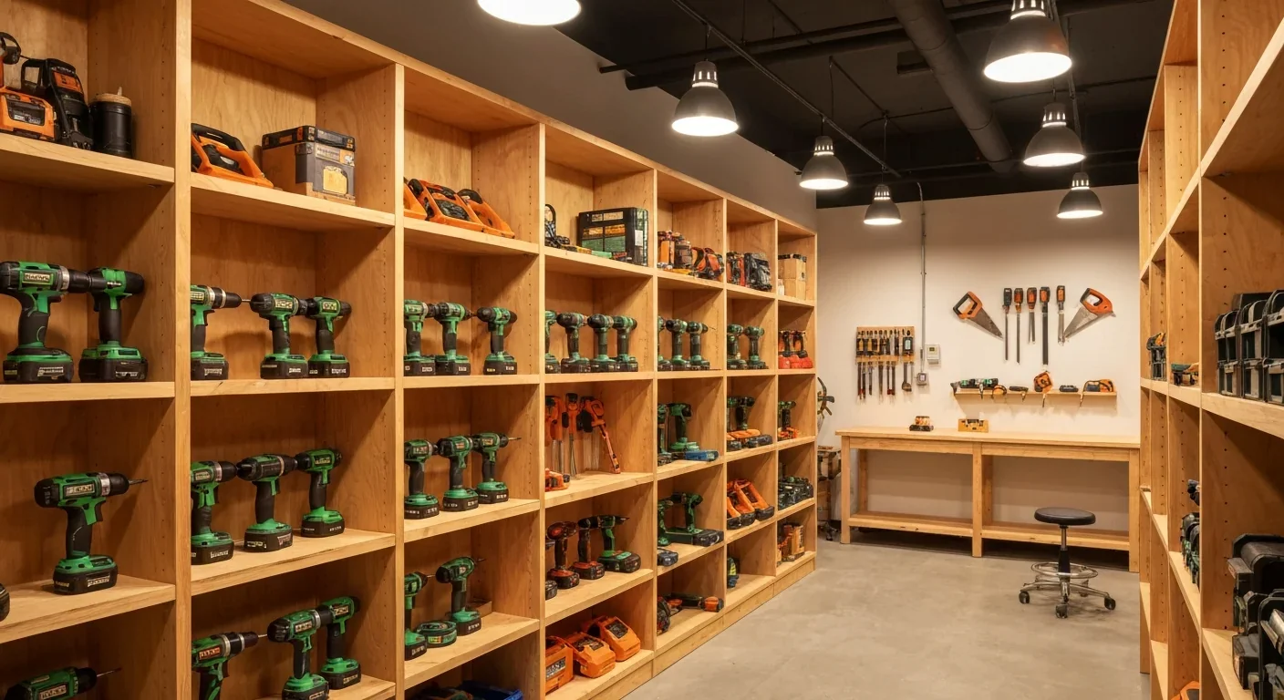 Well-organized community tool library with wooden shelves holding power drills, saws, and garden tools under warm lighting