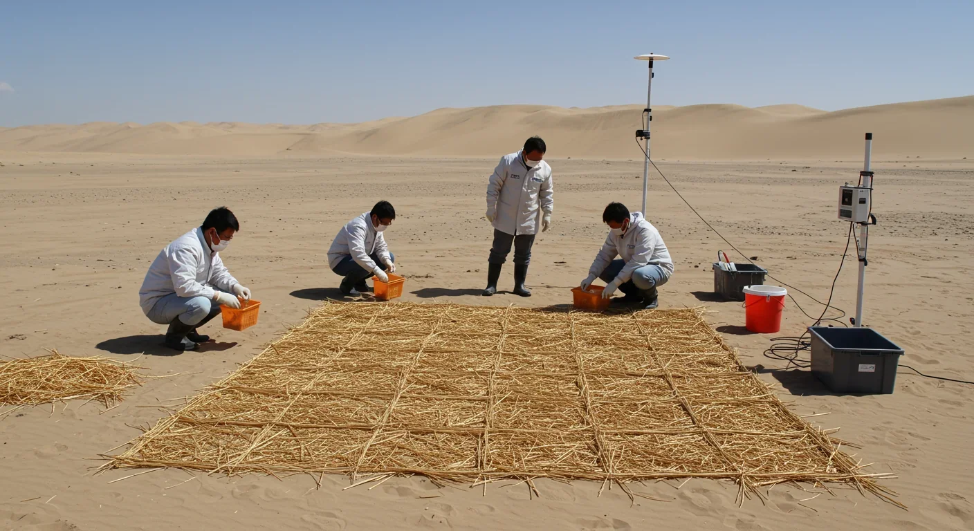 Researchers applying cyanobacteria to straw checkerboard barriers for desert soil restoration