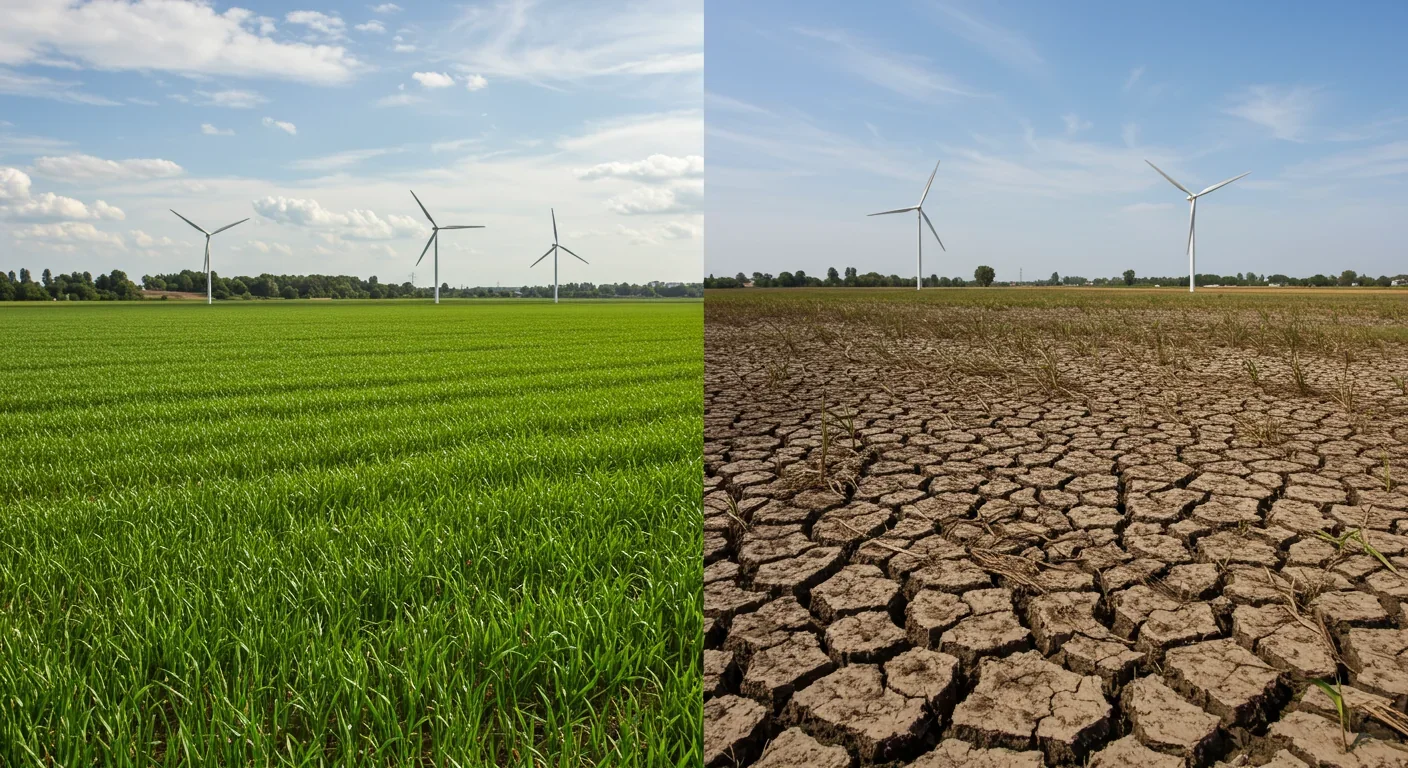 Side-by-side comparison of thriving farmland and drought-stricken fields, illustrating uneven climate impacts of geoengineering