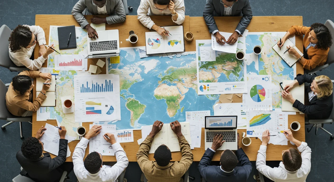 Diverse international group deliberating over climate maps and data, symbolizing the need for inclusive geoengineering governance