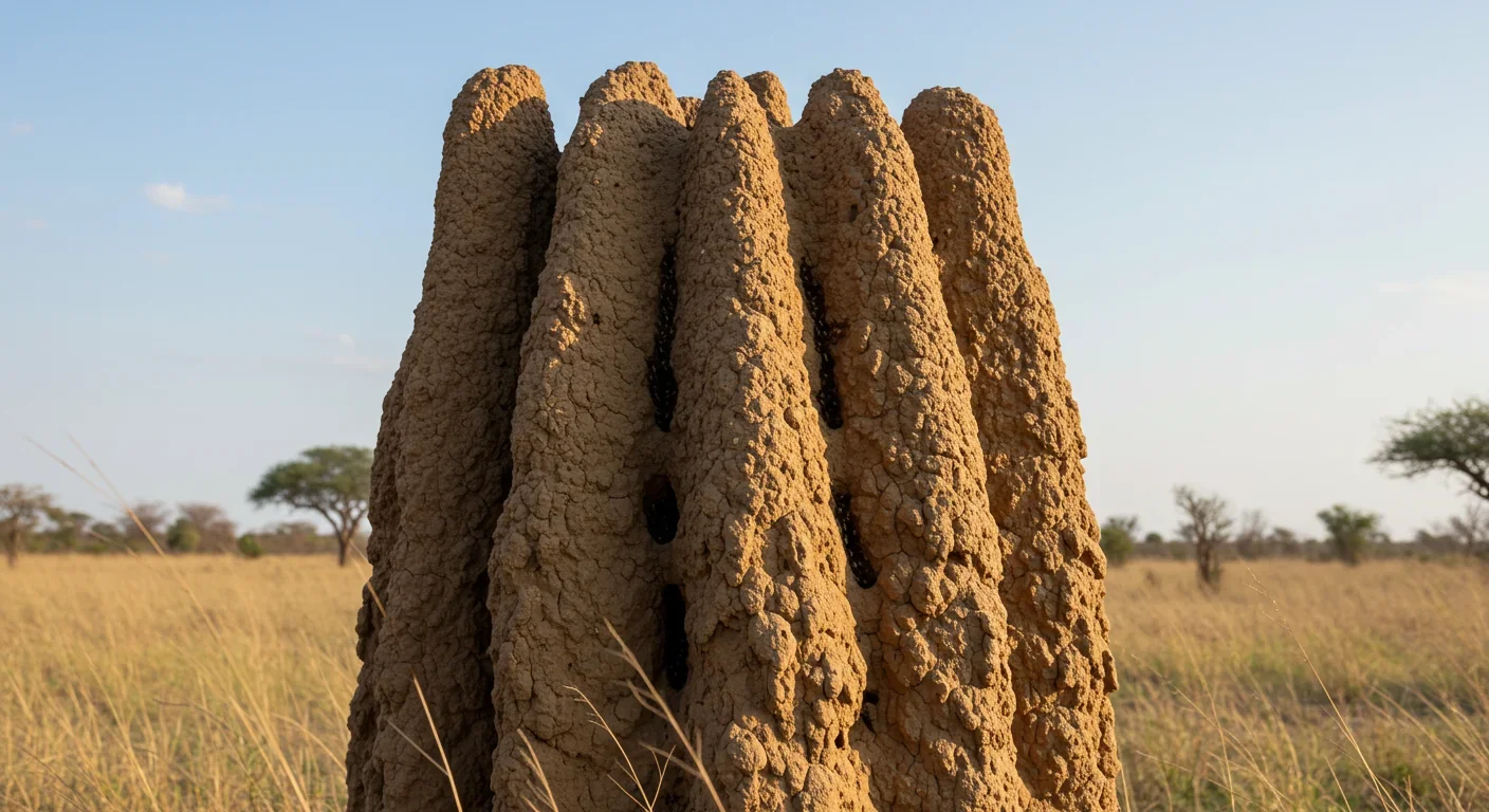 Large termite mound in African savanna showing natural ventilation structures and porous walls that regulate internal temperature passively