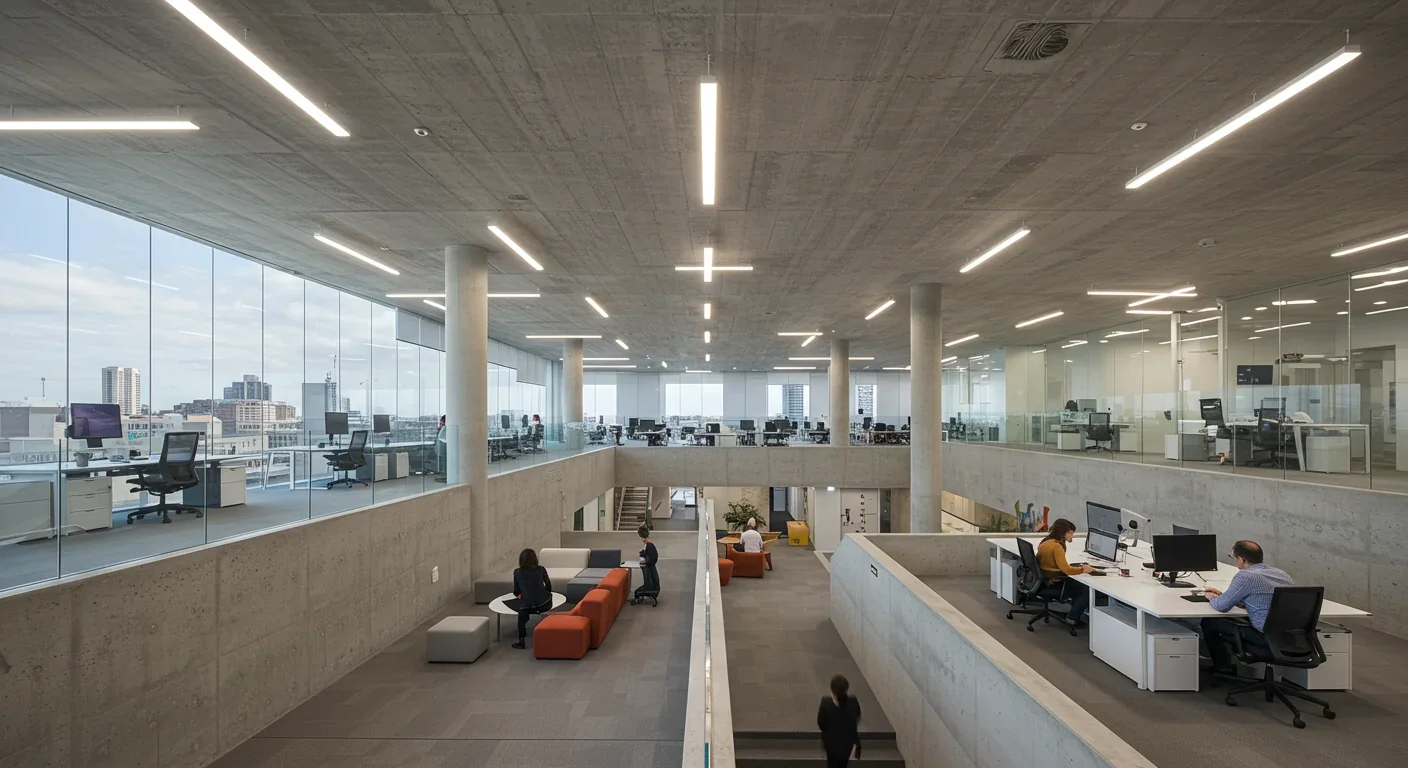 Council House 2 interior showing wavy concrete ceiling for thermal mass and adaptive facade for passive cooling inspired by termites