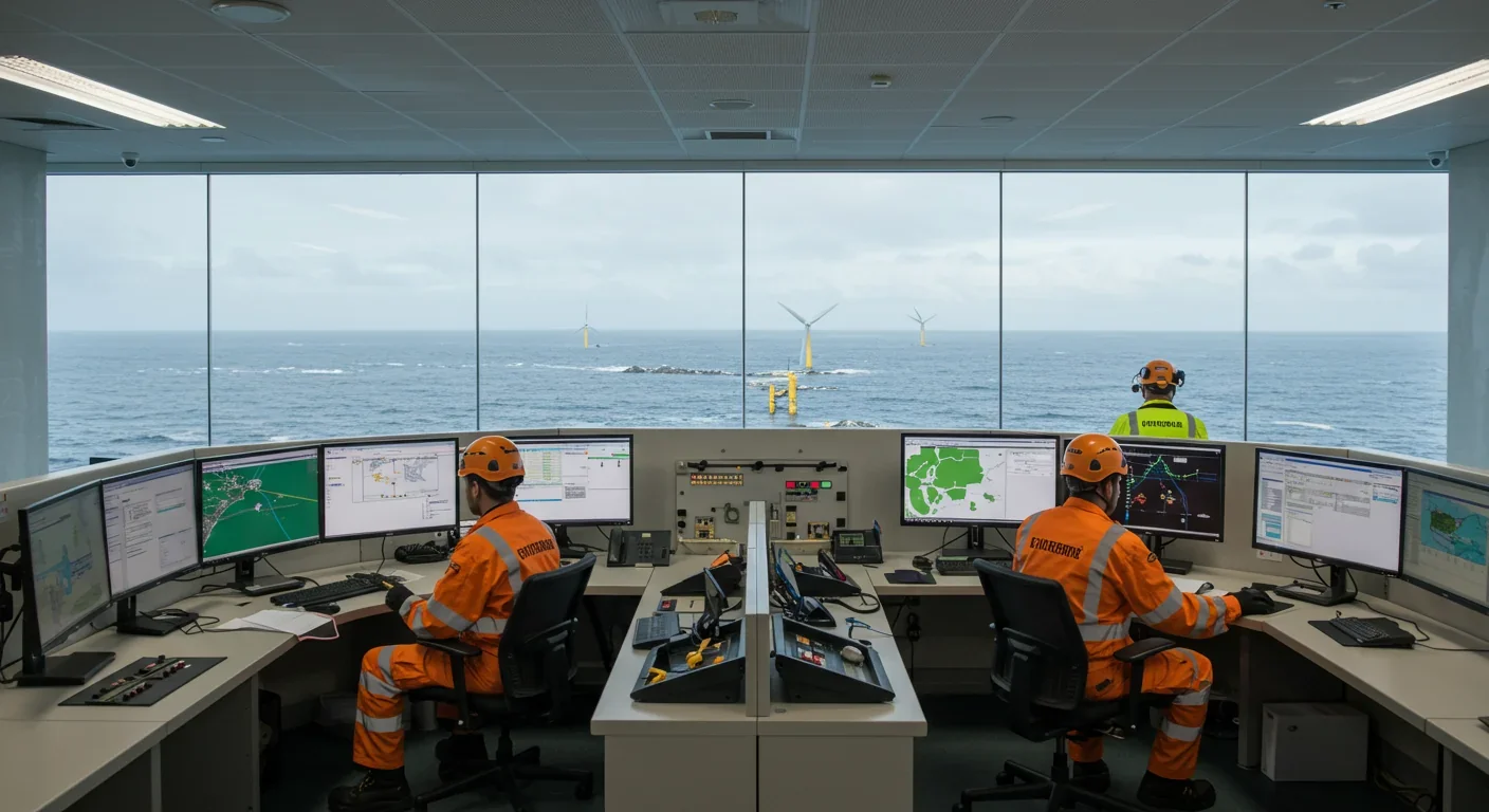 Engineers monitoring tidal energy farm operations from coastal control center with real-time turbine performance data and grid integration displays