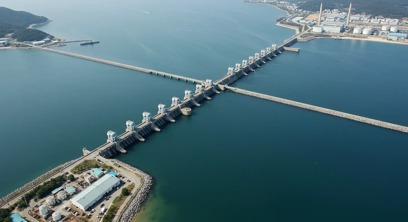 Aerial view of a tidal barrage facility spanning an estuary, generating renewable electricity from tidal flows
