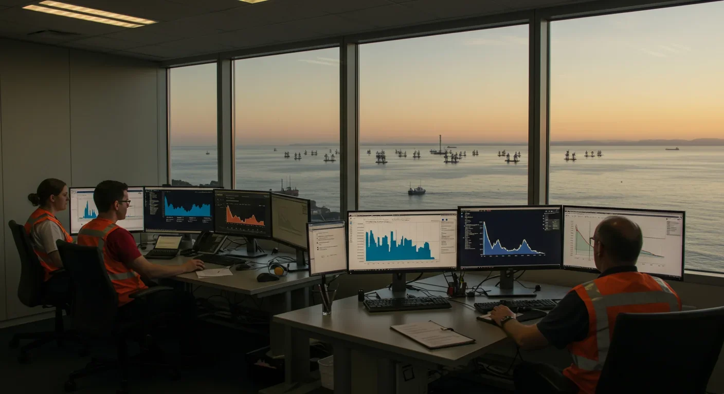 A coastal community powered by diverse renewable energy sources including ocean, wind, and solar power